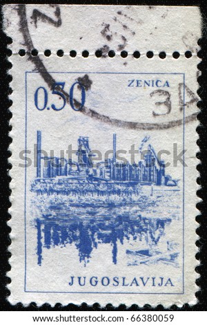 YUGOSLAVIA - CIRCA 1962: A stamp printed in Yugoslavia shows Zenica steel plant a city located in Bosnia and Hercogovina, circa 1962