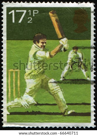 UK - CIRCA 1980: A stamp Printed in United Kingdom shows cricket player, circa 1980