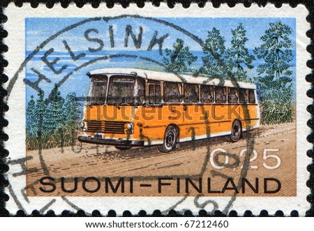 FINLAND - CIRCA 1971: A stamp printed in Finland shows retro passenger bus, circa 1971.