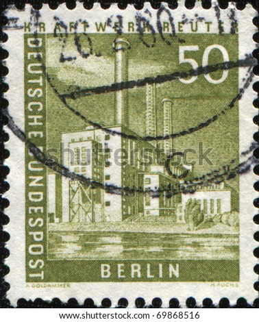 BERLIN - CIRCA 1956: A stamp printed by German Federal Mail of Berlin shows Kraftwerk Reuter, series Pictures of Berlin, circa 1956