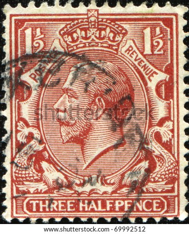 UNITED KINGDOM - CIRCA 1912 to 1924: An English Used Three Halfpence Brown Postage Stamp showing Portrait of King George V, circa 1912 to 1924