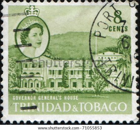 TRINIDAD AND TOBAGO - CIRCA 1960: A stamp printed in Trinidad and Tobago shows Governor General\'s house, circa 1960