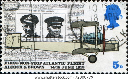 GREAT BRITAIN - CIRCA 1992: A stamp printed in Great Britain honors first non-stop Atlantic flight by Alcock and Brown, circa 1992