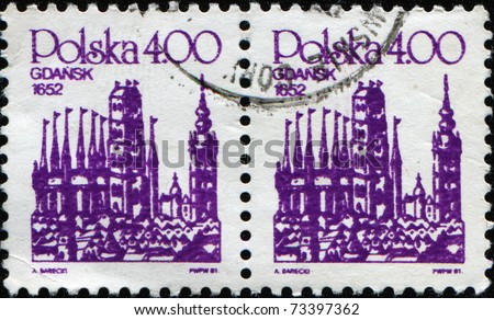 POLAND - CIRCA 1961: A stamp printed in Poland shows view of Gdansk, is a city on the Baltic coast in northern Poland, circa 1961