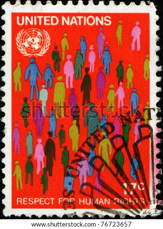UNITED NATIONS NEW-YORK OFFICE - CIRCA 1970: A stamp printed in United Nations New-York Office honoring Respect to Human Rights, circa 1970