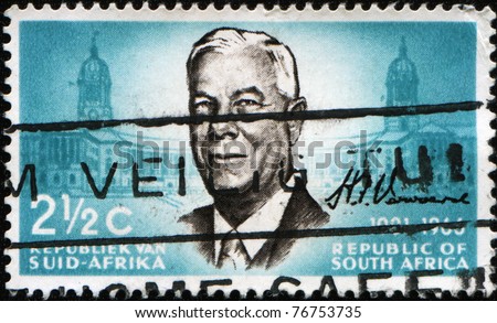 SOUTH AFRICA - CIRCA 1966: A stamp printed in South Africa shows Hendrik Frensch Verwoerd - Prime Minister of South Africa, circa 1966
