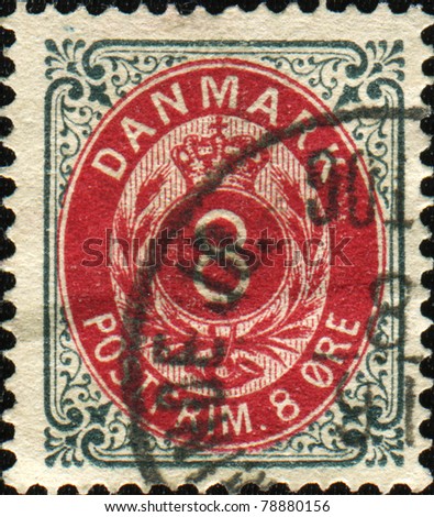DENMARK - CIRCA 1875: A stamp printed in Denmark shows Numbers - Values and Letters - Characters, circa 1875