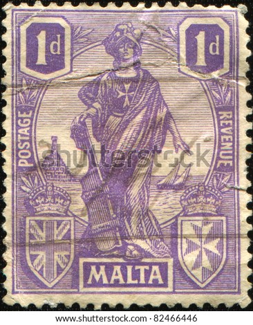 MALTA - CIRCA 1922: A stamp printed in Malta shows Mylitta (Mylitta is Assyrian and Babylonian goddess of fertility, love, war, and sex - symbol of Malta), circa 1922