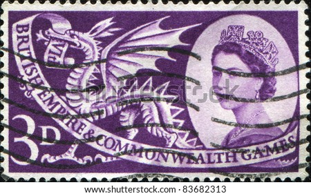 UK - CIRCA 1958: A stamp printed in Britain showing a Welsh dragon celebrating the British Empire and Commonwealth games, circa 1958