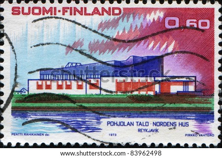 FINLAND - CIRCA 1973: A stamp printed in Finland shpws Nordic House, Reykjavik, Nordic Countries\' Postal Co-operation series, circa 1973