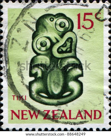NEW ZEALAND - CIRCA 1960: A stamp printed in New Zealand shows Tiki refers to large wood and stone carvings of humanoid forms in Central Eastern Polynesian cultures of the Pacific Ocean, circa 1960