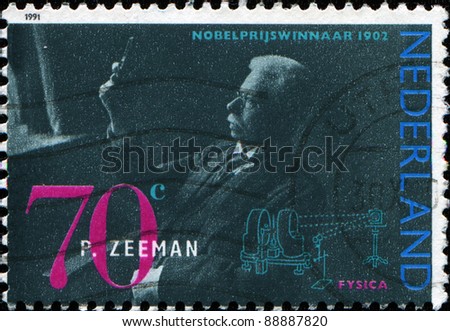 NETHERLANDS - CIRCA 1991: A stamp printed in Netherlands shows Dutch Nobel Prize Winners (1st series). Pieter Zeeman (physics, 1902), circa 1991