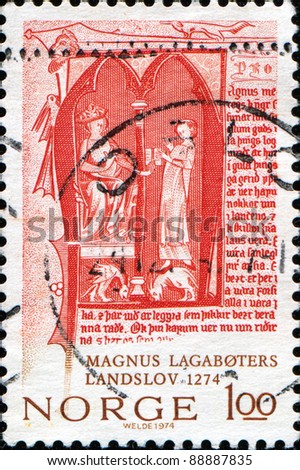 NORWAY - CIRCA 1974: A stamp printed in Norway honoring 700th Anniversary of King Magnus Lagaboter National Legislation, shows Gulating Law Manuscript, 1325, circa 1974