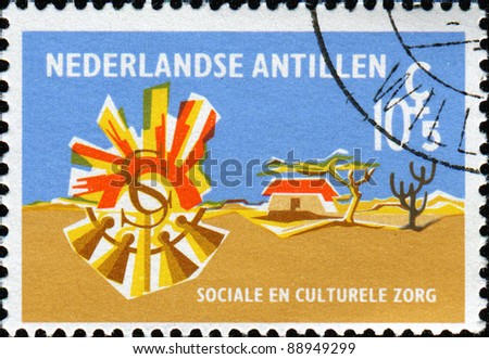 NETHERLAND ANTILLES - CIRCA 1968: A stamp printed in Netherlands Antilles with special tax for social and cultural care, shows Lintendans (Dance) and Koeoekoe House,  circa 1968