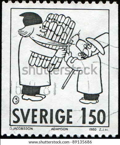 SWEDEN - CIRCA 1980: A  Christmas greeting stamp printed in Sweden shows Swedish Comic Strips, Adamson, circa 1980