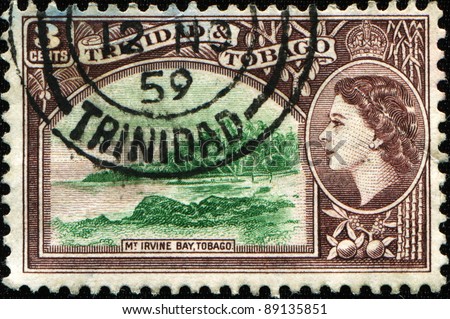 TRINIDAD AND TOBAGO - CIRCA 1953: A stamp printed in Trinidad and Tobago shows Mount Irvine Bay, Tobago Designs as 1938 and 1940 issues but with portrait of Queen Elizabeth in place of King George VI