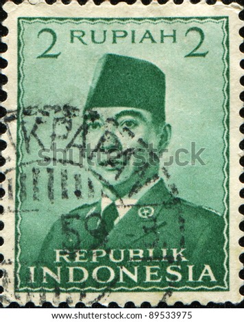INDONESIA - CIRCA 1951: A stamp printed in the Indonesia shows the first president of Indonesia Sukarno, circa 1951