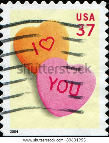 UNITED STATES OF AMERICA - CIRCA 2004: An I love you stamp printed in the USA shows two hearts, circa 2004