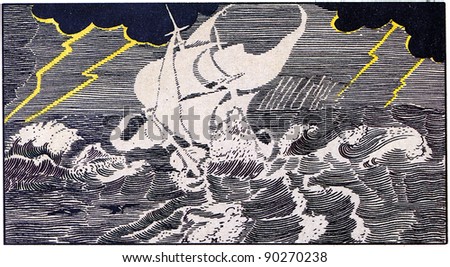 ship sailing on the waves in a stormy sea, illuminated by lightning from the heavy clouds, Illustration by Dmitry Mitrokhin, a fairy tale \