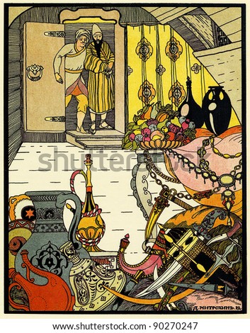 merchants in the eastern clothes in the store with treasures, Illustration by Dmitry Mitrokhin, a fairy tale \
