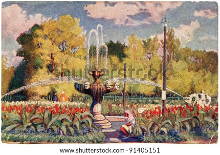 USSR - CIRCA 1950s: Postcard printed in the USSR shows Slavyansk  Spa, fountain and flower garden. Donetsk region, Ukraine, circa 1950s.