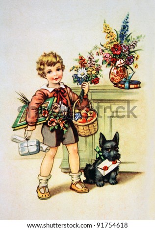 stock photo : GERMANY - CIRCA 1952: Postcard printed in GDR shows boy with gifts, circa 1952