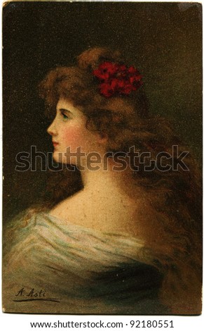 GERMANY - CIRCA 1902: Reproduction of antique postcard shows draw by Angelo Asti - Woman In Profile, circa 1902