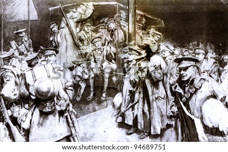 Soldiers bound for the front leaving Euston in volunteer motor transports for the boat trains - illustration from 