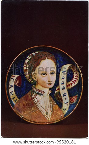 USSR - CIRCA 1980: Postcard shows Italian Majolica from Hermitage Wedding bowl, Castel Durante, Glazed by Giorgio Andreoli or by the master N at Gubbio in 1537, inscription Beaty Camil, circa 1980