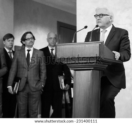 KIEV, UKRAINE - November 18, 2014: German Foreign Minister Frank-Walter Steinmeier. -- German Foreign Minister stated that the Minsk agreement are not met.