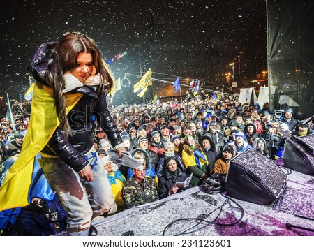 KIEV, UKRAINE - November 29, 2014: Social activist and winner of Eurovision singer Ruslana. -- At the Independence Square in Kiev, an action called \