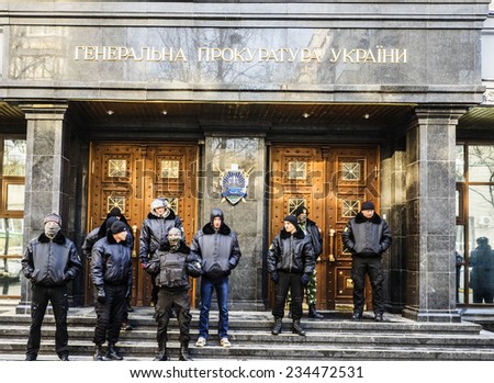 KIEV, UKRAINE - December 1, 2014: Volunteers of the Black Hundreds guarded building of the General Prosecutor\'s Office of Ukraine