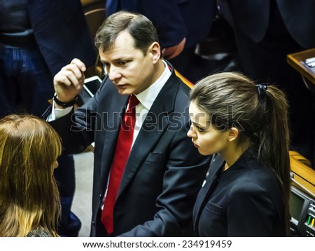 KIEV, UKRAINE - December 2, 2014: The leader of the Radical Party - Oleg Lyashko in the session hall --  Verkhovna Rada of the eighth convocation starts first plenary working day.