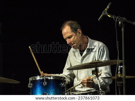 KIEV, UKRAINE - December 13, 2014:Richard Hollander - drums -- Steve Houben Quartet performs in Kiev. International jazz festival Jazz Bez held in capital of Ukraine.
