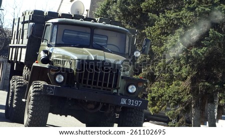 ILOVAYSK, DONETSK, UKRAINE - March 16, 2015:Russian military truck with ammunition in Ilovaysk. - Caught in August 2014 Ilovaysk turned pro-Russian militants staging post of weapons and ammunition.