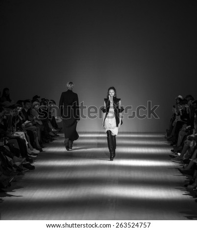 KIEV, UKRAINE - MARCH 18, 2015: The model shows a new collection of Bevza clothing brand  the 36th Ukrainian Fashion Week. -- Svetlana Bevza presented a new collection