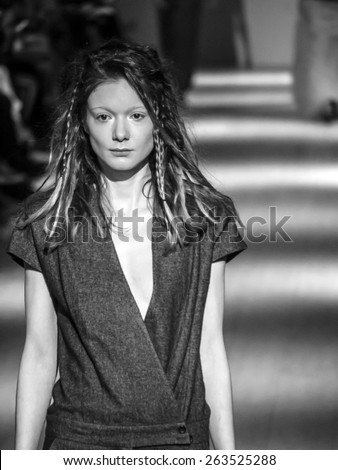 KIEV, UKRAINE - MARCH 19, 2015: The model shows a new collection of Bevza clothing brand  the 36th Ukrainian Fashion Week. -- Svetlana Bevza presented a new collection