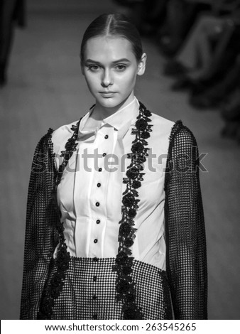 KIEV, UKRAINE - MARCH 19, 2015: The model shows a new collection of Whatever clothing brand  the 36th Ukrainian Fashion Week.
