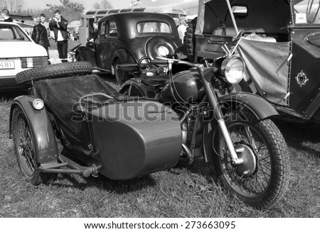 KIEV, UKRAINE - April 25, 2015: Motorcycle Ural, IMZ-8.103-40 -- The Retro OldCarFest is the biggest retro cars festival held in Kiev, and covers the State Aviation Museum grounds.