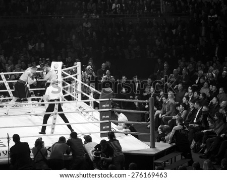 KIEV, UKRAINE - April 18, 2015: Fight between Ukrainian boxer Alexander Usyk from Klichko brothers company K2 technical knockout in the eighth round of the Russian boxer defeated Andrei Knyazev