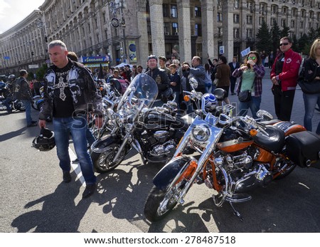 KIEV, UKRAINE - MAY 16, 2015: Hundreds of bikers escorted by traffic police drove through the streets of Kiev. They made a short stop at the Independence Square