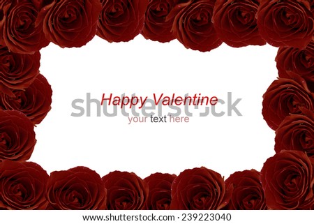 Maroon red roses bouquet as frame on white background