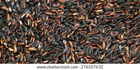 Black coarse rice or half polished rice background, uncooked raw cereals.