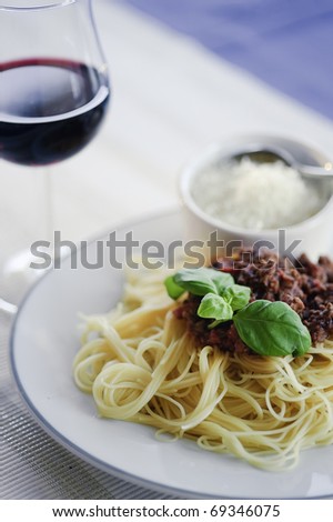 Spaghetti bolognese with  red wine and parmesan cheese