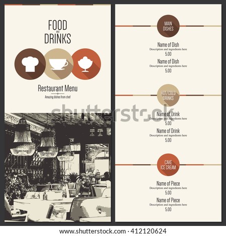Restaurant menu design. Vector menu brochure template for cafe, coffee house, restaurant, bar. Food and drinks logotype symbol design. With a sketch pictures and flat icons