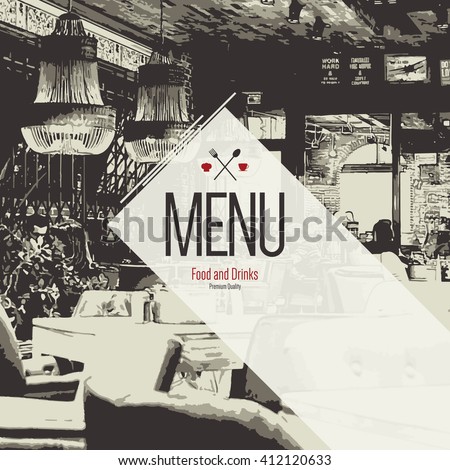 Restaurant menu design. Vector menu brochure template for cafe, coffee house, restaurant, bar. Food and drinks logotype symbol design. With a sketch pictures and crumpled vintage background
