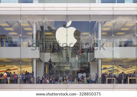 Hong Kong, China - June 7, 2015: View of shoppers or people trying or buying products in The Apple Store, the first store opened in Hong Kong.