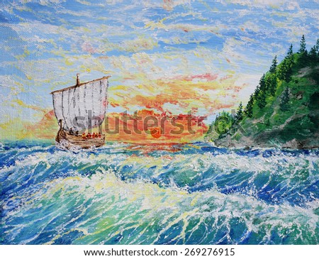 Ancient sailing ship and waves. Impressionism oil painting.