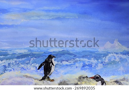 Funny penguins. Impressionism gouache painting.