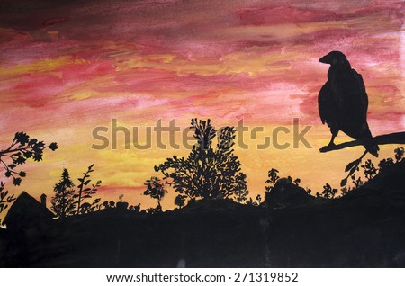 Raven. Impressionism gouache painting.